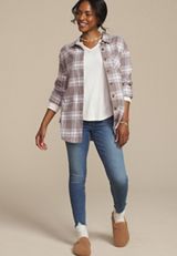 Cabin Plaid Boyfriend Tunic Button Down Shirt, ASHWOOD COMBO, small