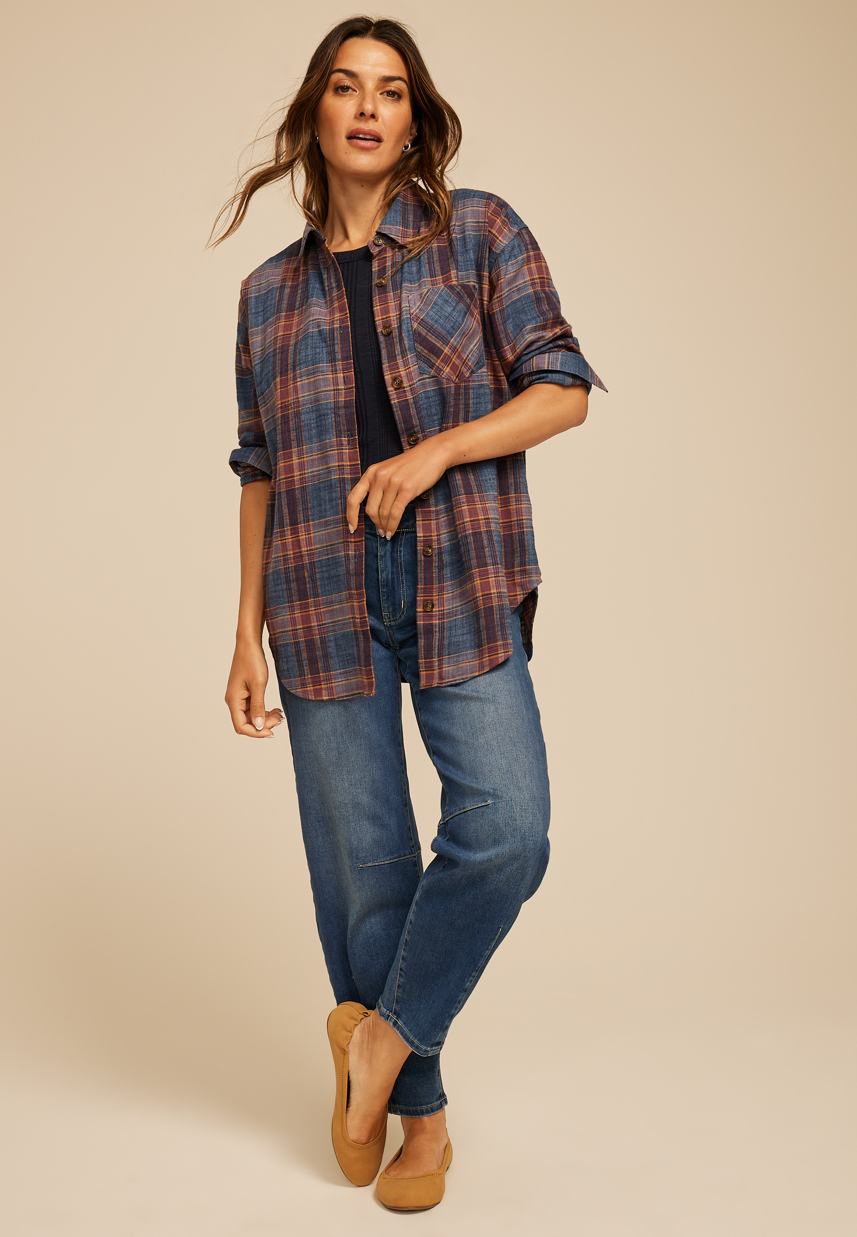Cabin Plaid Boyfriend Tunic Button Down Shirt