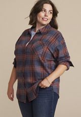 Plus Size Cabin Plaid Boyfriend Tunic Button Down Shirt, BLUE JASMINE COMBO, small