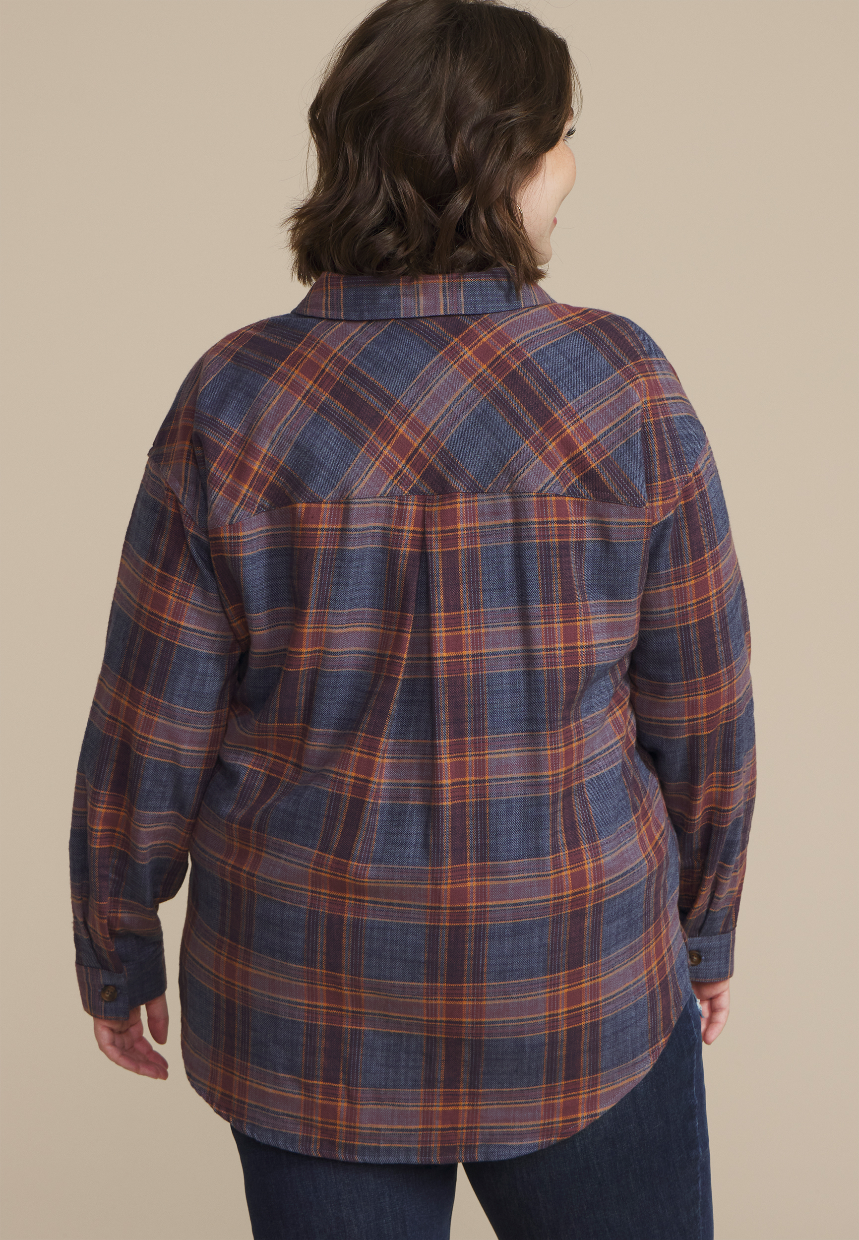 Plus Size Cabin Plaid Boyfriend Tunic Button Down Shirt, BLUE JASMINE COMBO, large