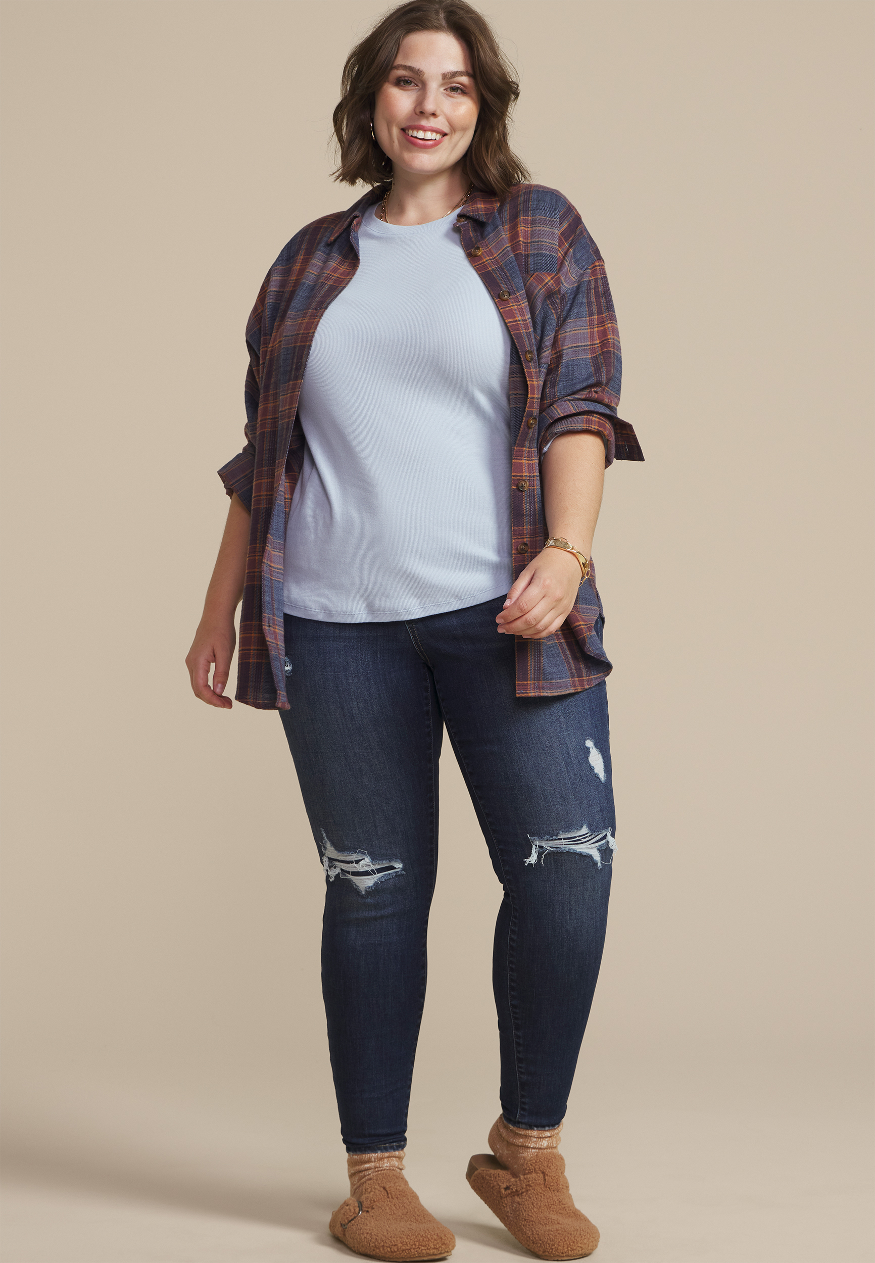 Plus Size Cabin Plaid Boyfriend Tunic Button Down Shirt, BLUE JASMINE COMBO, large