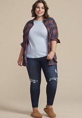 Plus Size Cabin Plaid Boyfriend Tunic Button Down Shirt, BLUE JASMINE COMBO, small
