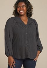 Plus Size Checkered Button Front Peasant Blouse, C1756, small