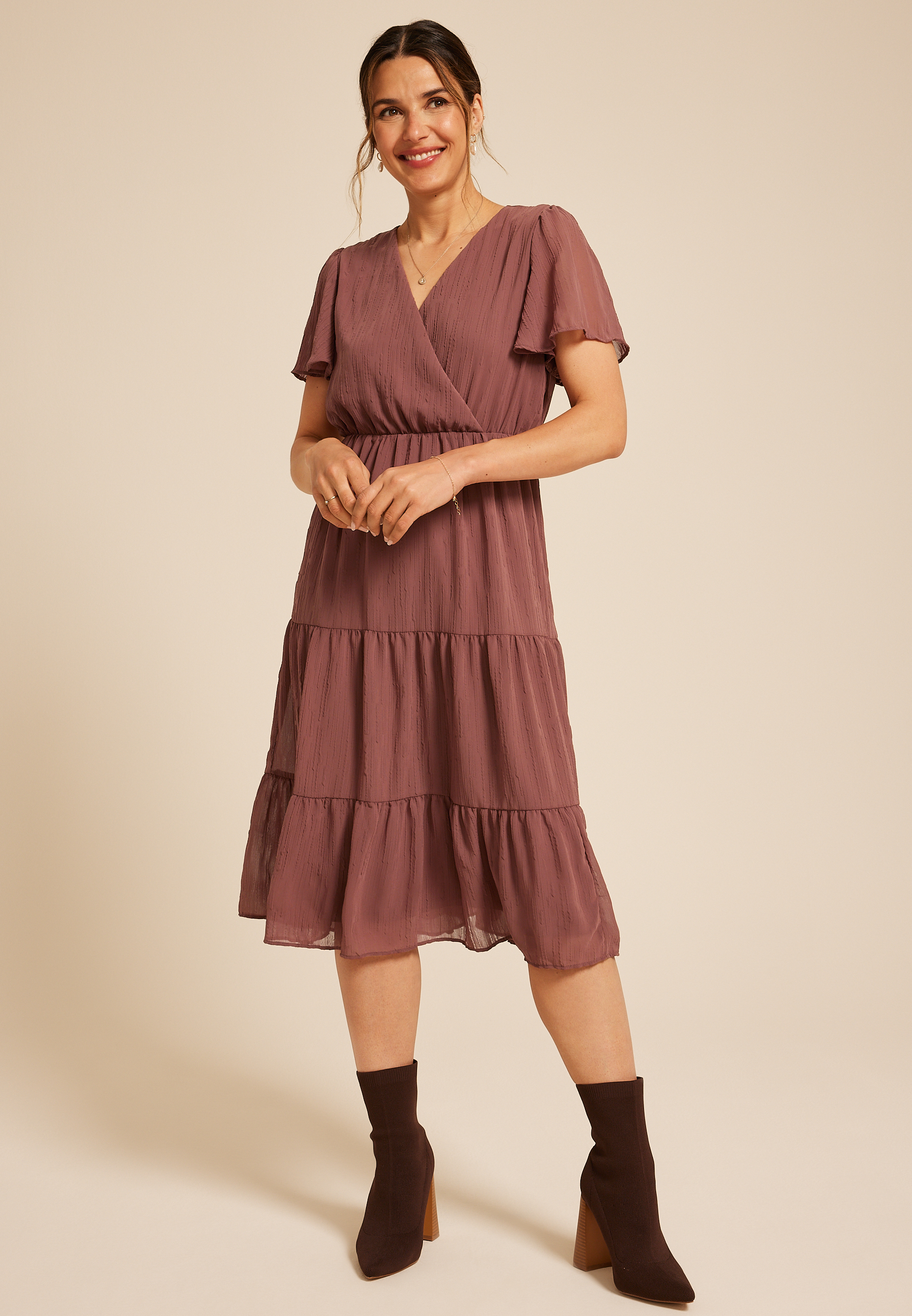 Surplice Tiered Midi Dress