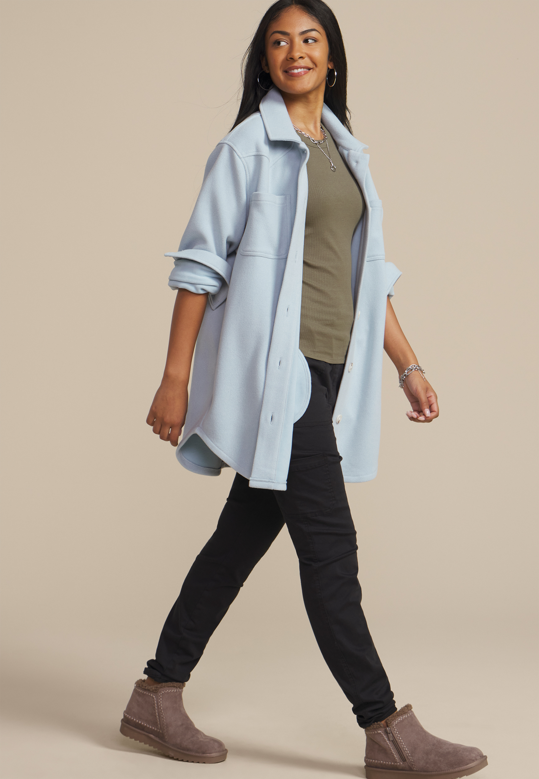 Bonded Fleece Shacket, CASHMERE BLUE, large