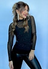 Studio Y Sheer Studded Mesh Blouse, BLACK, small