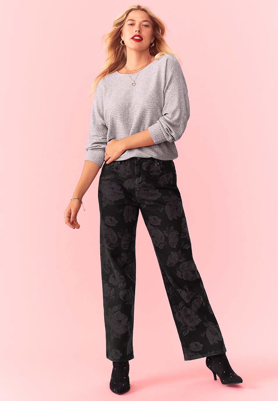 edgely™ Black Floral High Rise Wide Leg Jean