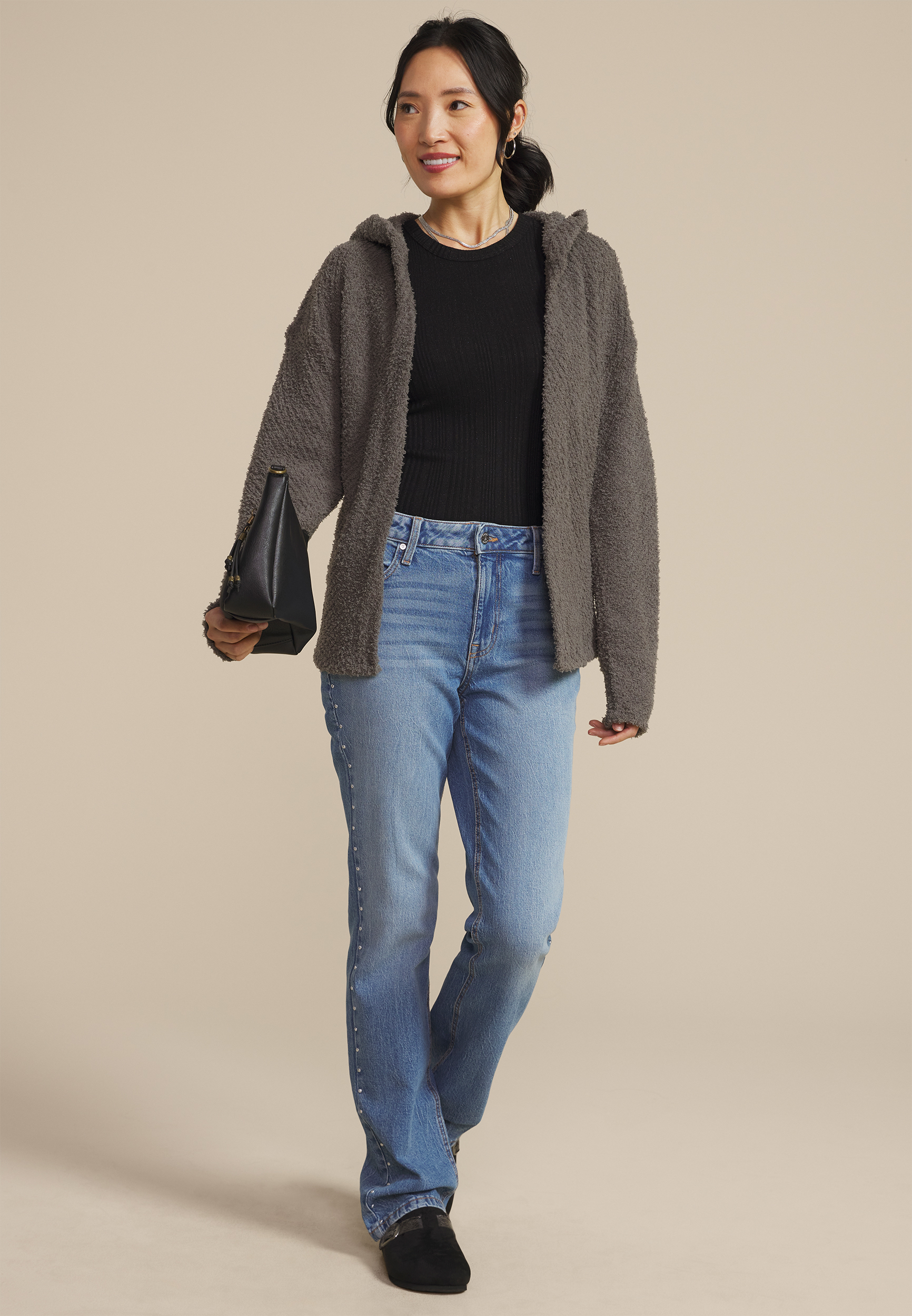Cozy Hooded Open Front Cardigan, C186, large