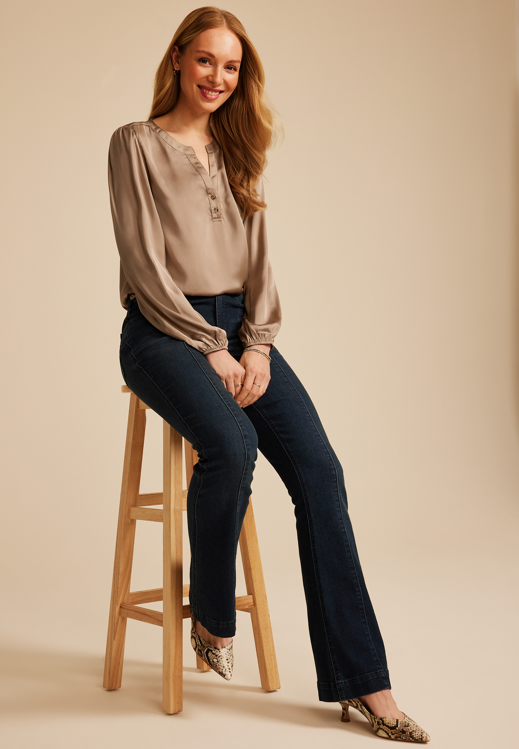 Satin Split Neck Blouse, , large