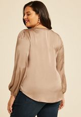 Plus Size Satin Split Neck Blouse, , small