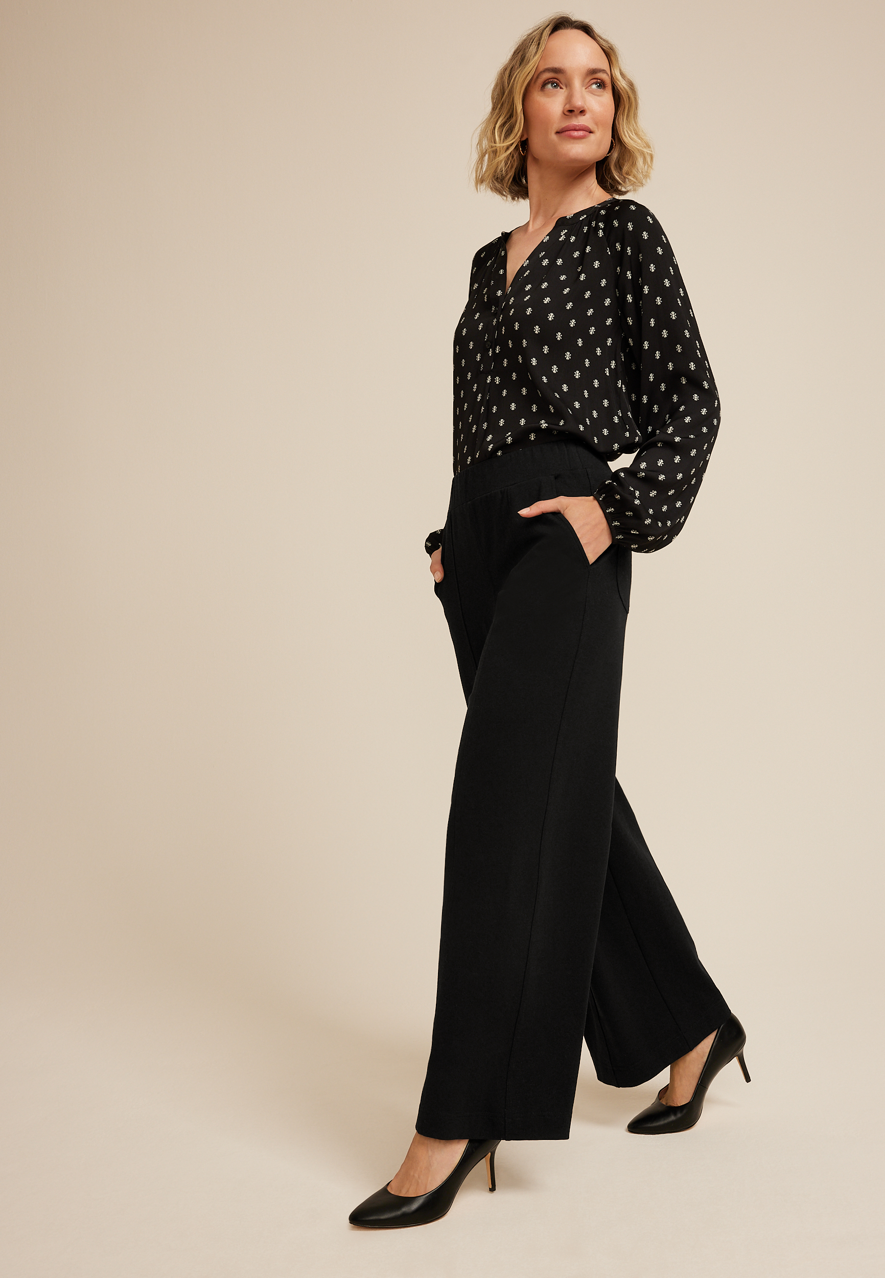 Pull On Knit Wide Lg, BLACK, large