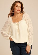 Plus Size Satin Trim Lace Bubble Hem Blouse, ECRU, small