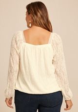 Plus Size Satin Trim Lace Bubble Hem Blouse, ECRU, small