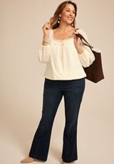 Plus Size Satin Trim Lace Bubble Hem Blouse, ECRU, small