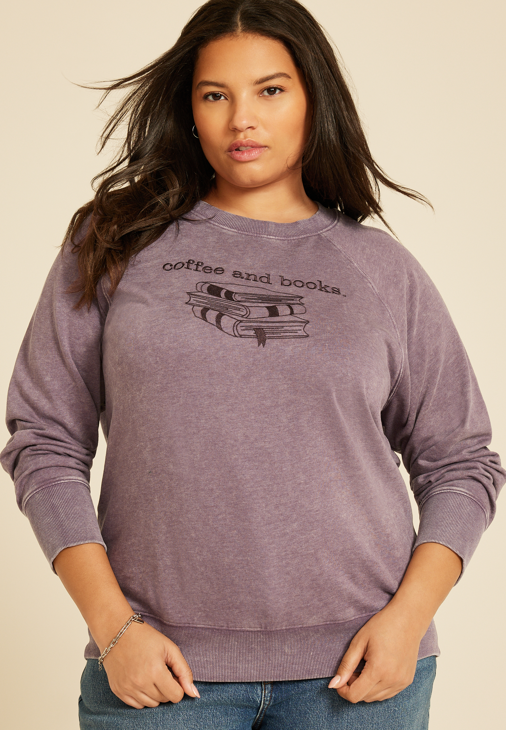 Plus Size Coffee And Books Relaxed Fit Sweatshirt, C9253, large