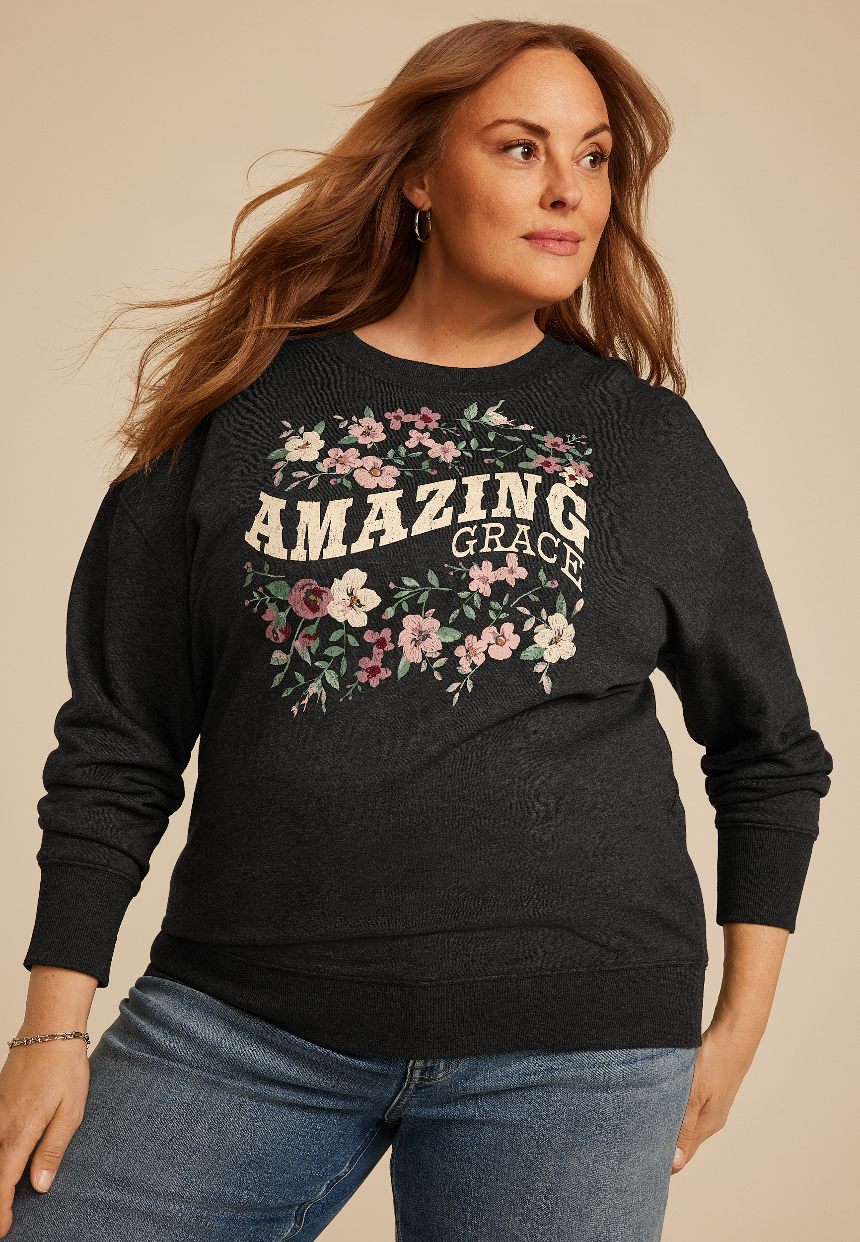 Plus Size Amazing Grace Floral Relaxed Fit Sweatshirt