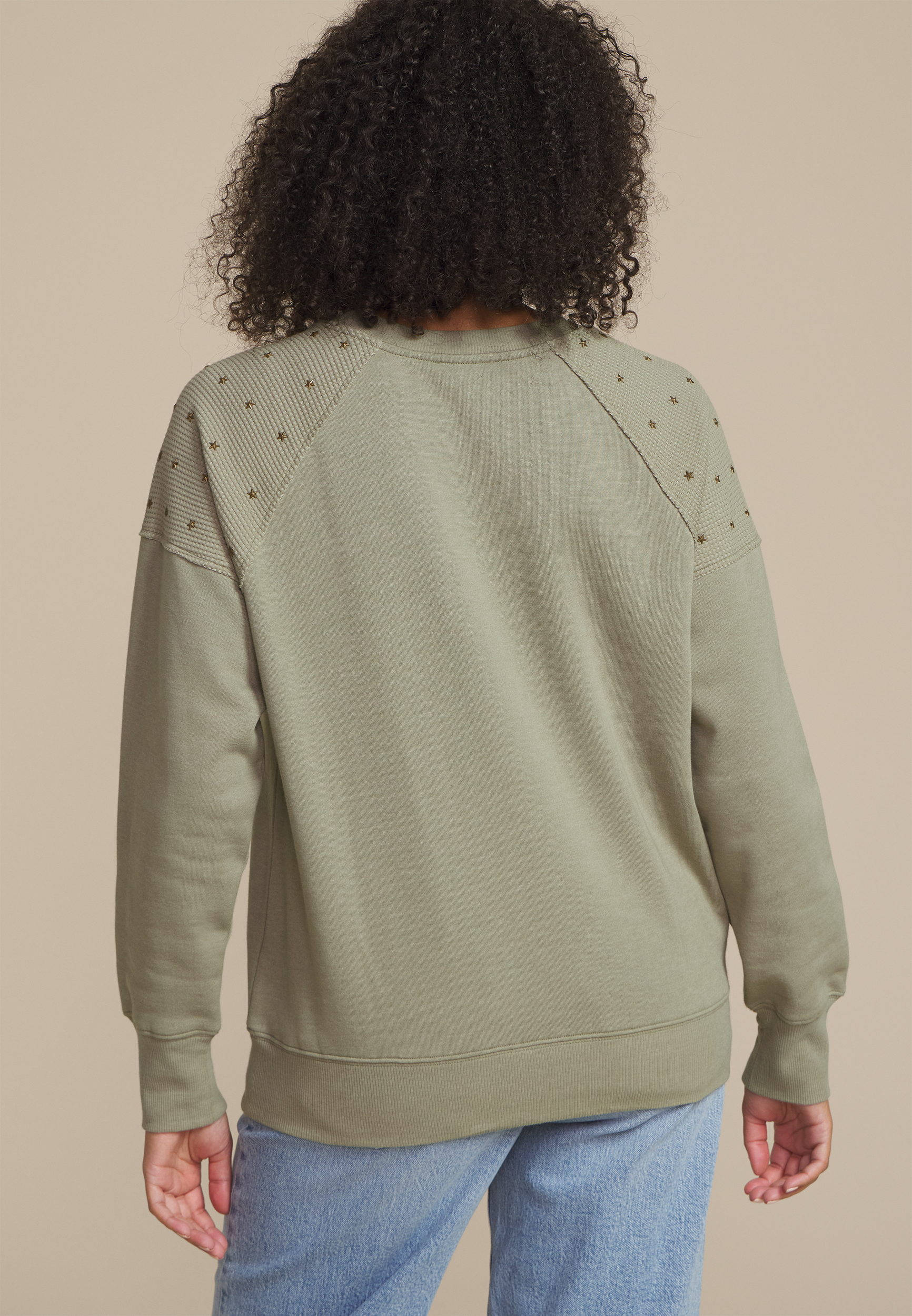 Olive Embroidered Star Shoulder Sweatshirt, OLIVE FOG, large