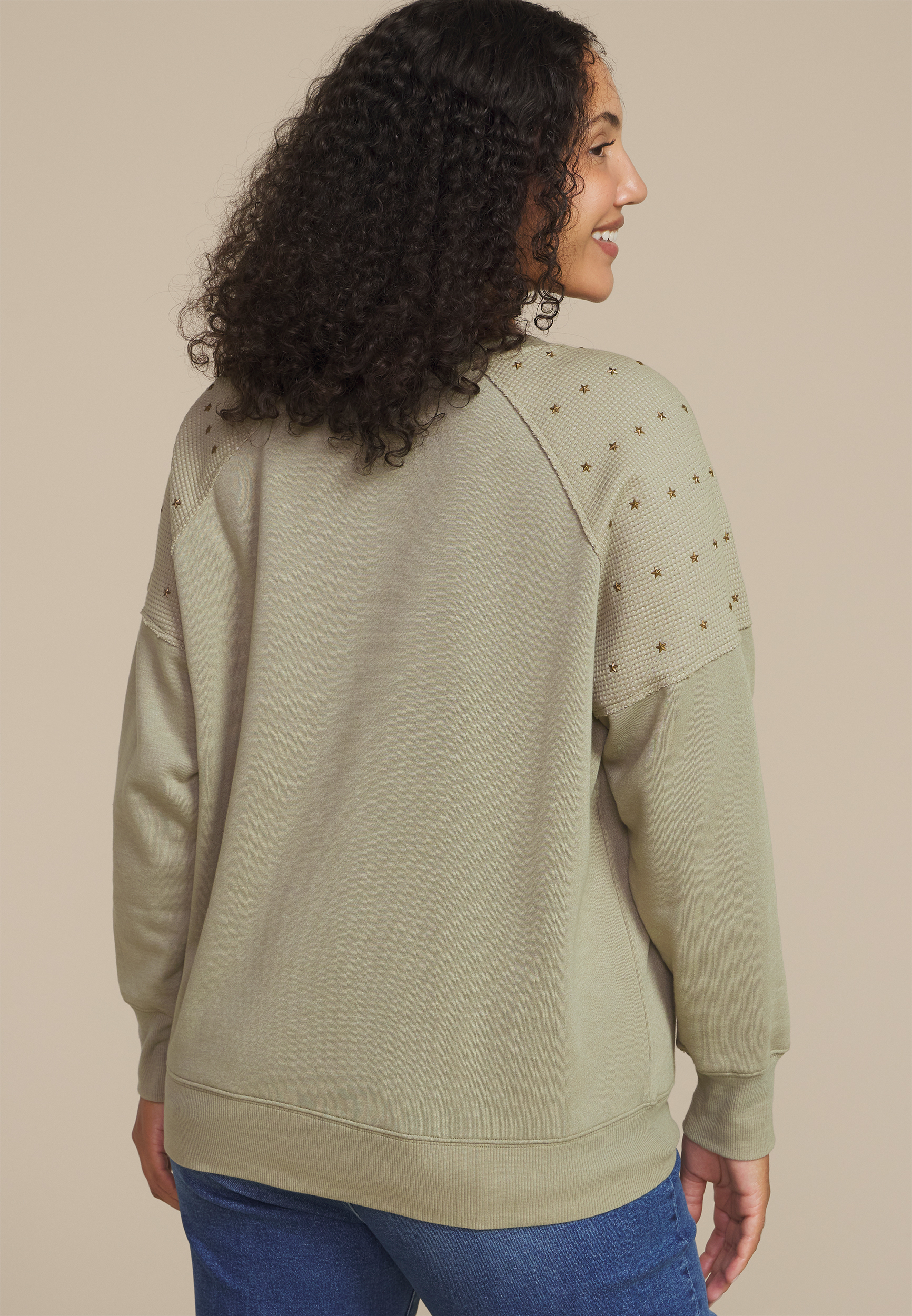 Plus Size Olive Embroidered Star Shoulder Sweatshirt, C425, large