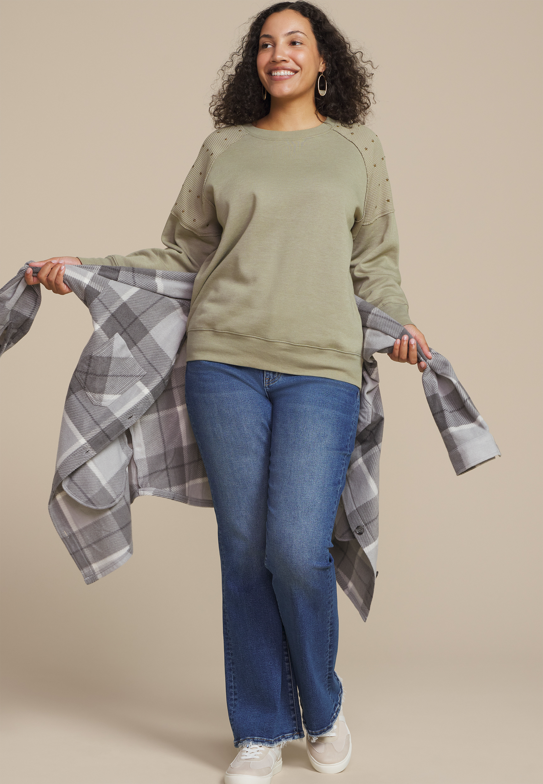 Plus Size Olive Embroidered Star Shoulder Sweatshirt, C425, large