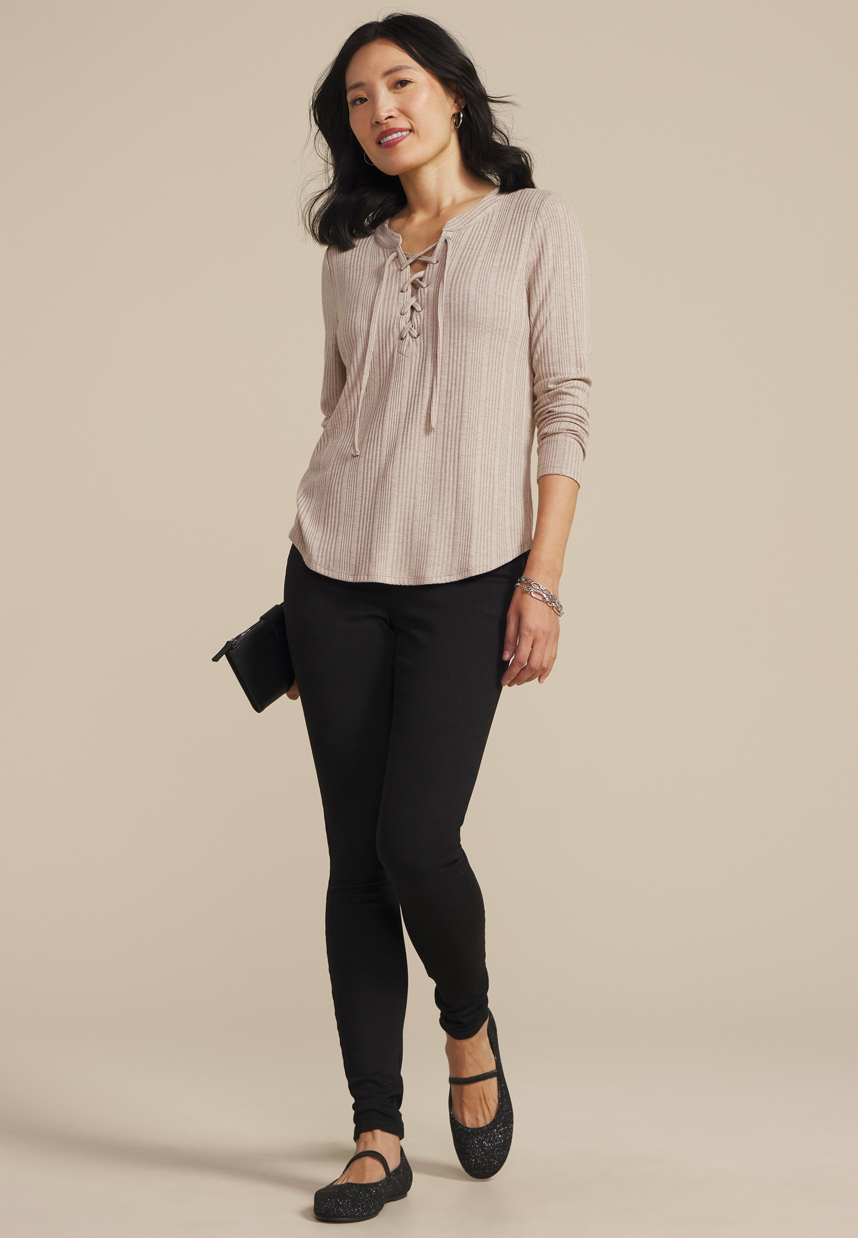 Heathered Variegated Lace Up Top, C977, large