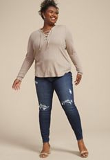 Plus Size Heathered Variegated Lace Up Top, C977, small