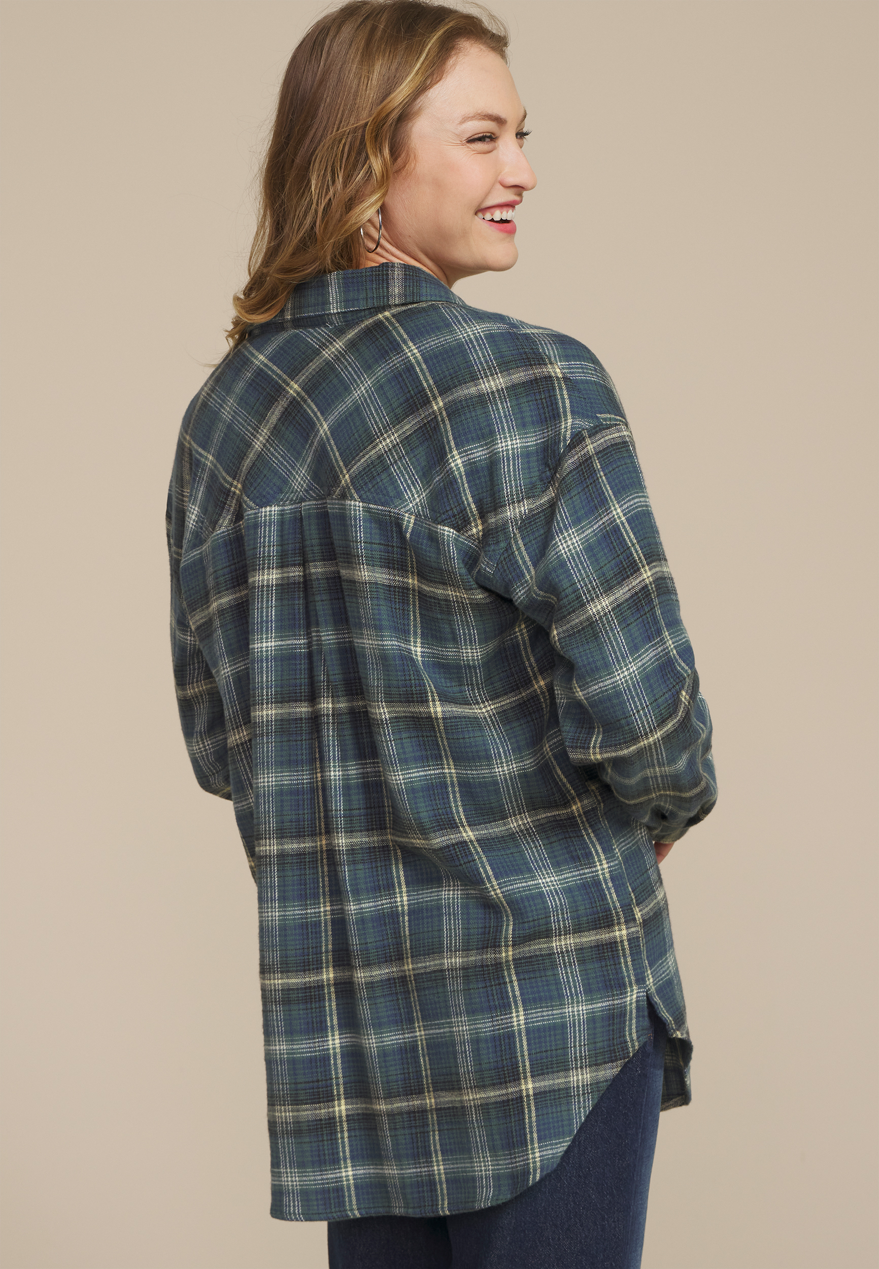 Cabin Plaid Boyfriend Tunic Button Down Shirt, C4131, large