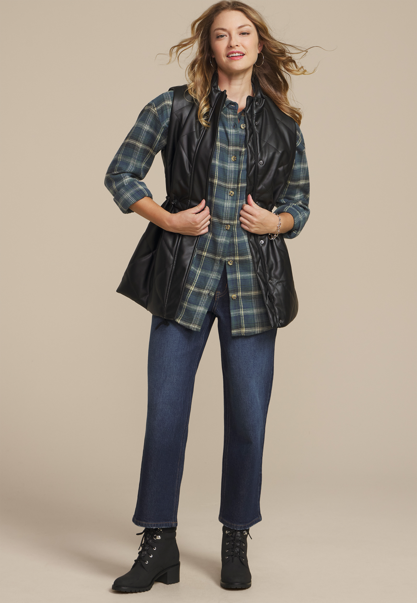 Cabin Plaid Boyfriend Tunic Button Down Shirt, C4131, large