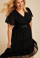 Plus Size Surplice Tiered Midi Dress, BLACK, small