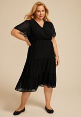 Plus Size Surplice Tiered Midi Dress, BLACK, small
