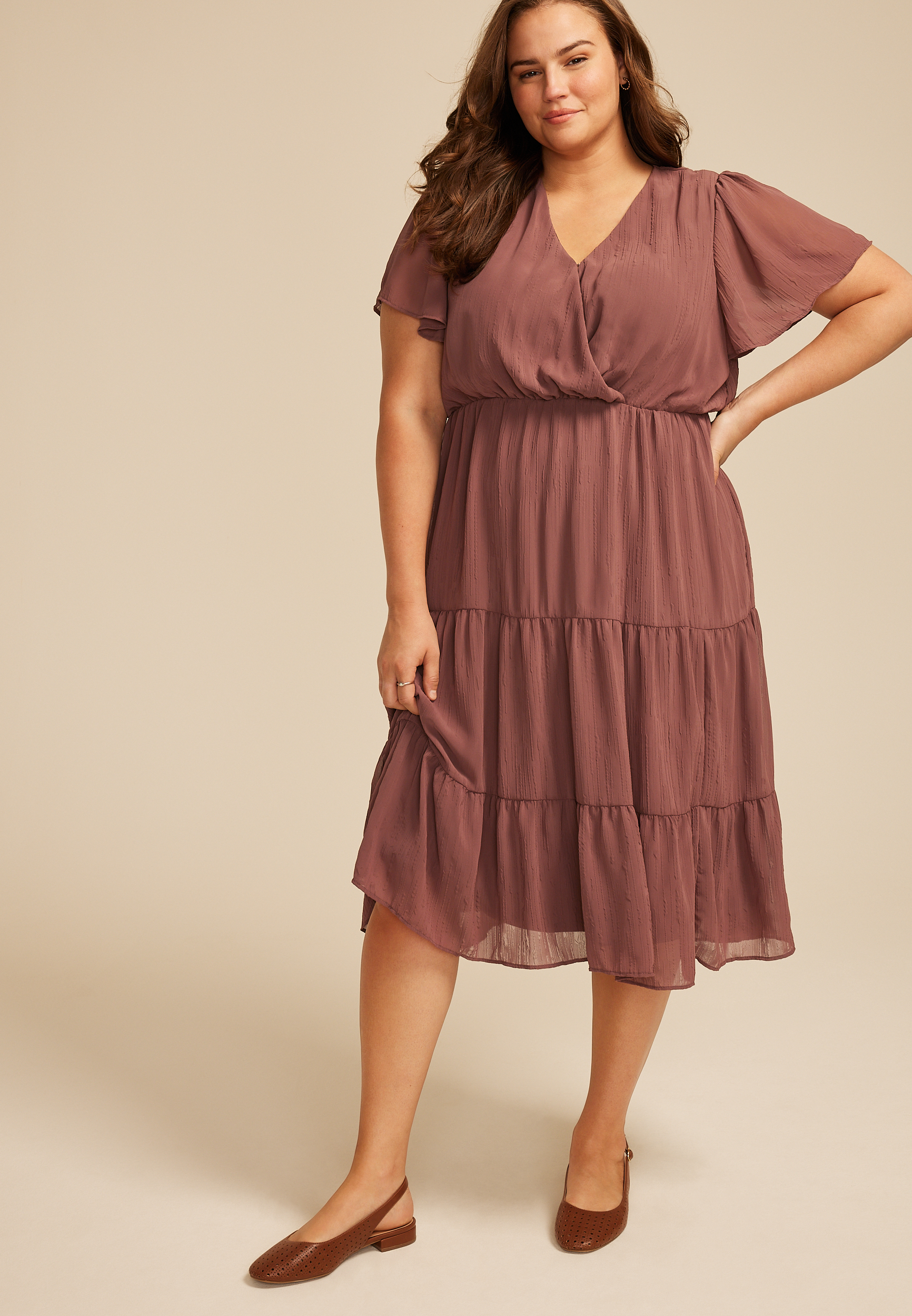 Plus Size Surplice Tiered Midi Dress