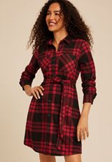 Buffalo Plaid Belted Shirt Dress, RED COMBO, small