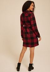 Buffalo Plaid Belted Shirt Dress, RED COMBO, small