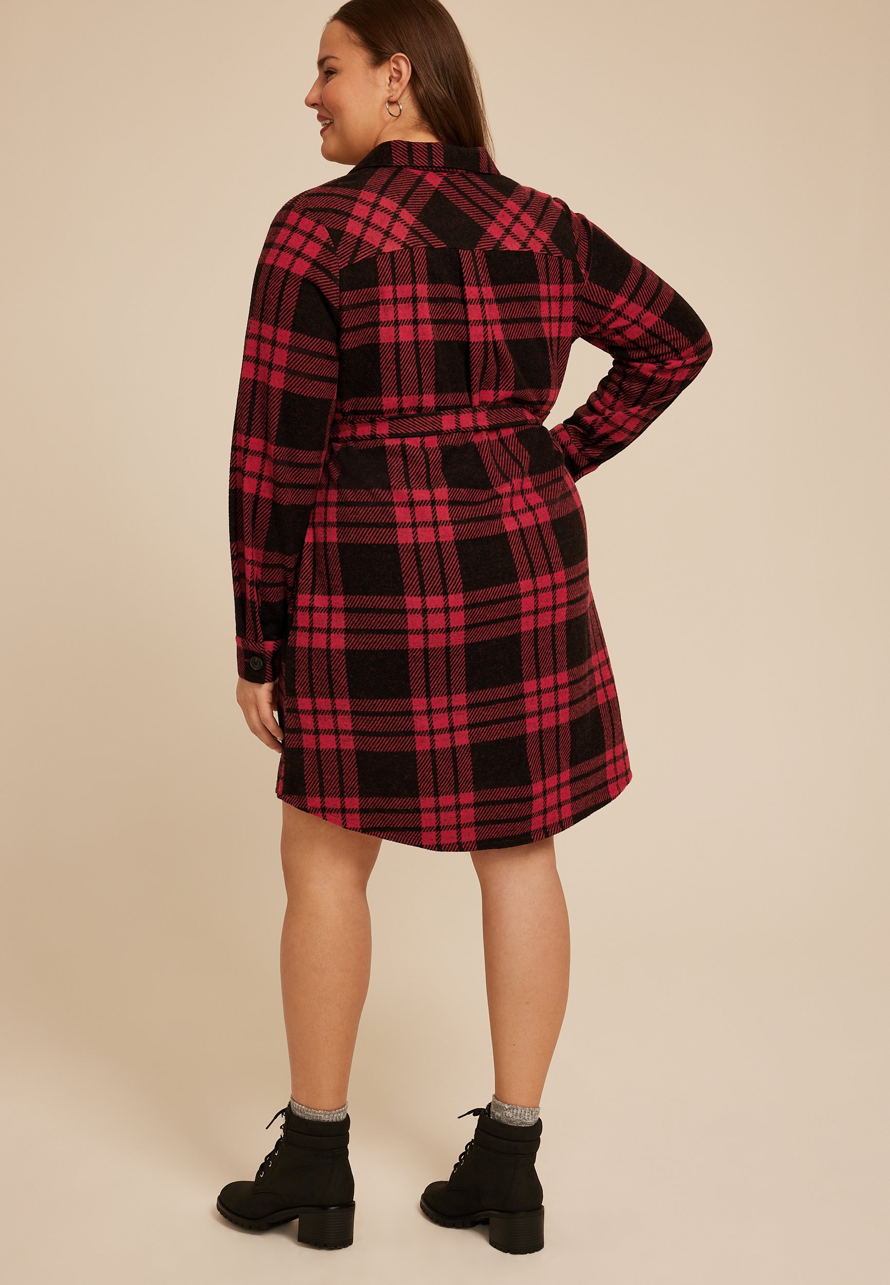 Plus Size Buffalo Plaid Belted Shirt Dress, , large