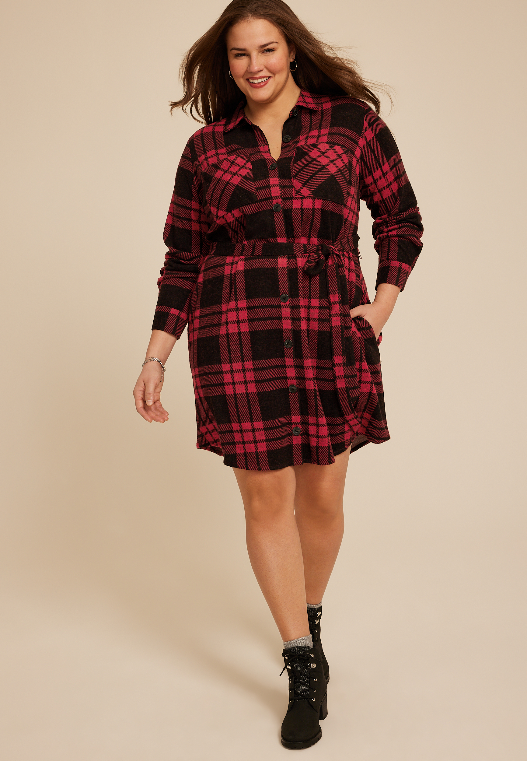 Plus Size Buffalo Plaid Belted Shirt Dress, , large