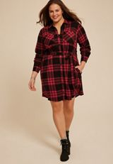 Plus Size Buffalo Plaid Belted Shirt Dress, , small