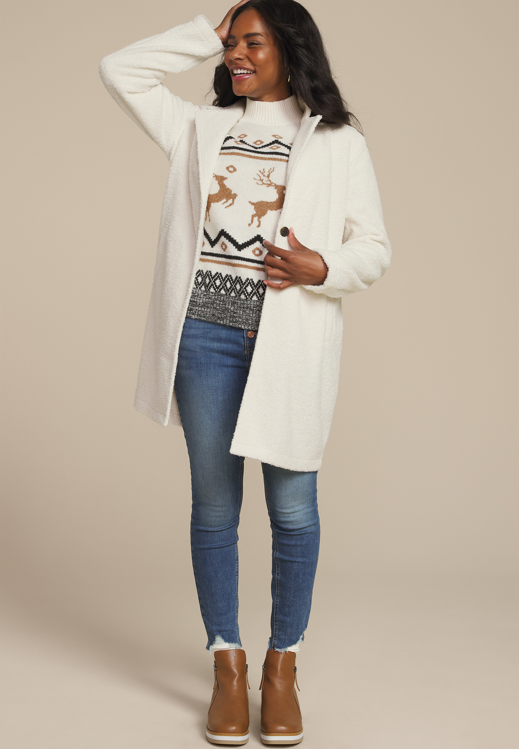 Reindeer Fair Isle Mock Neck Sweater