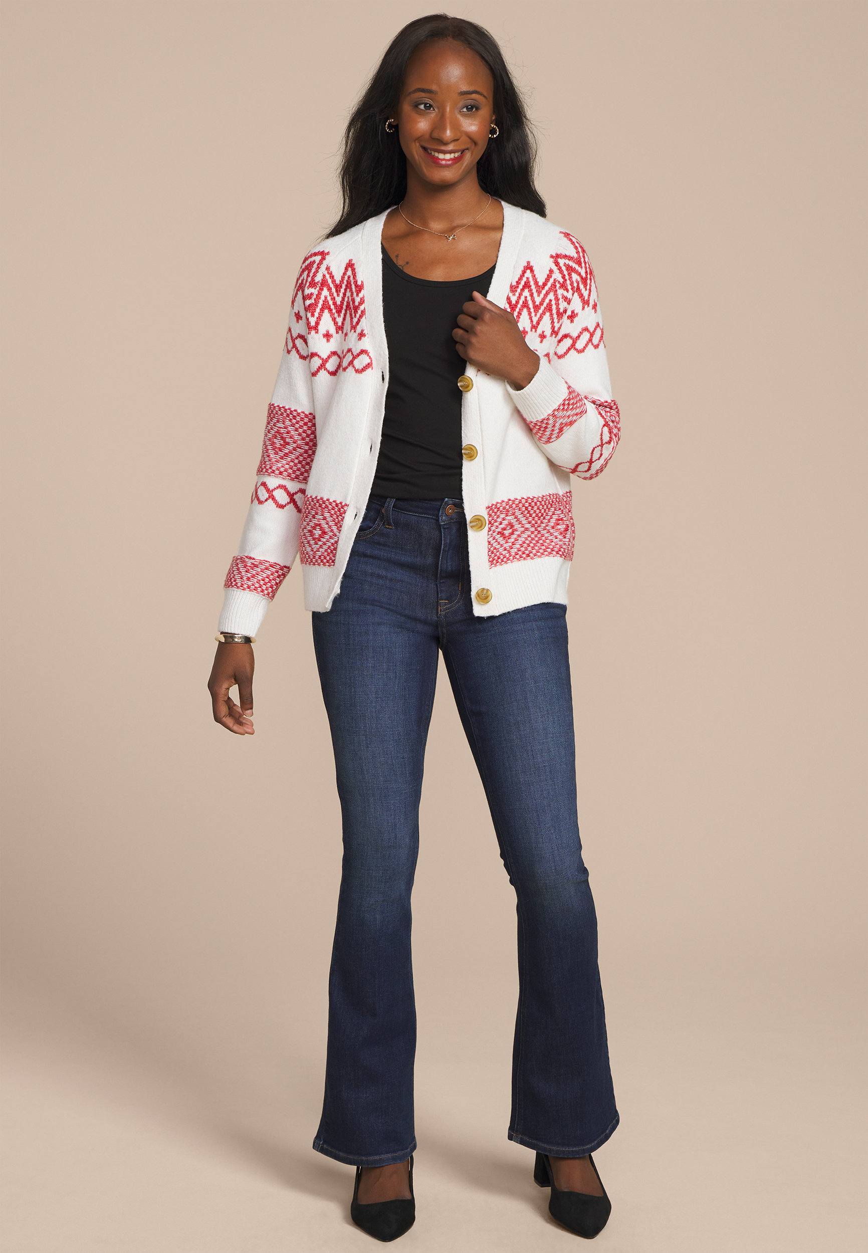 Fair Isle Button Front Cardigan, , large