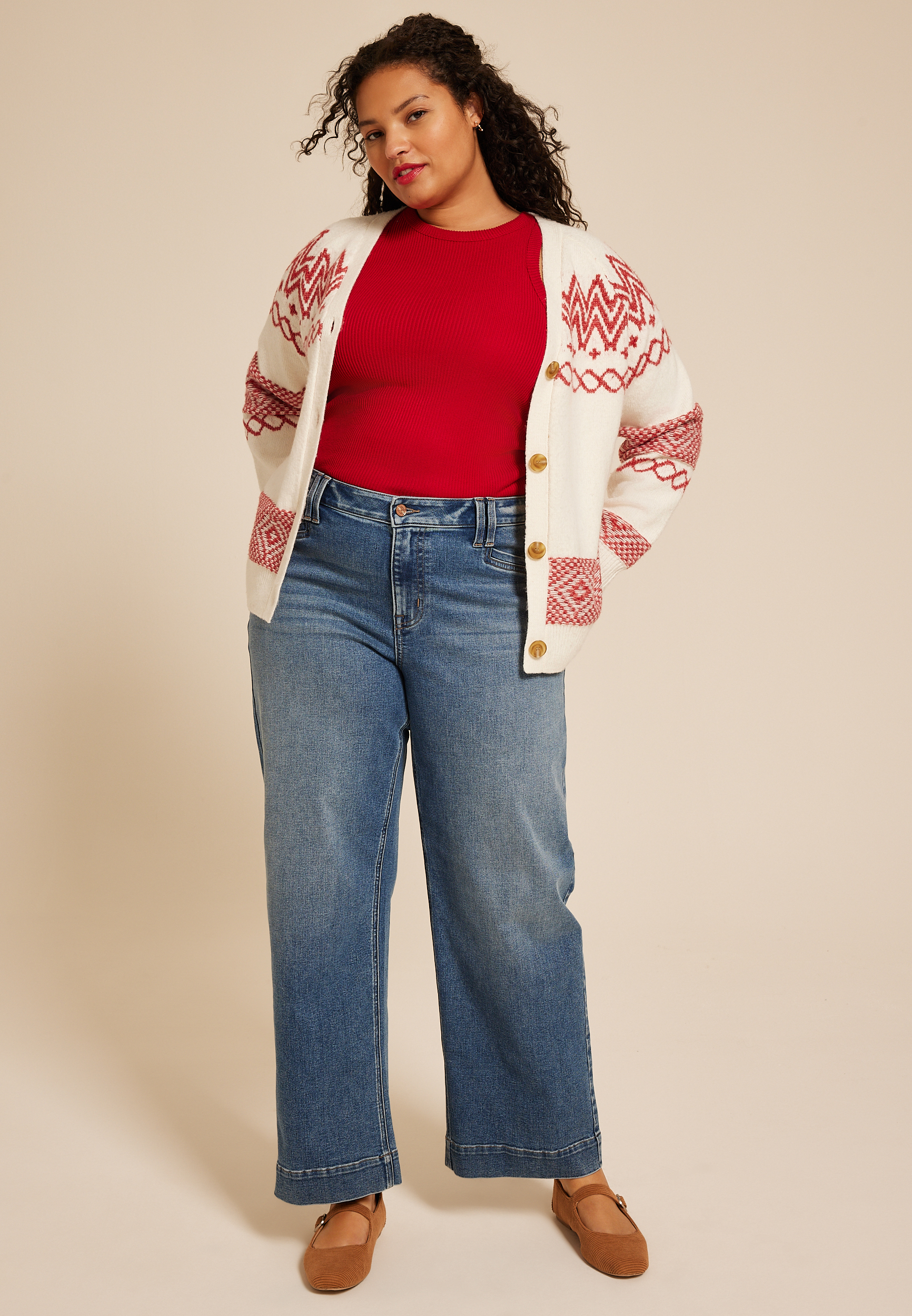 Plus Size Fair Isle Button Front Cardigan, , large
