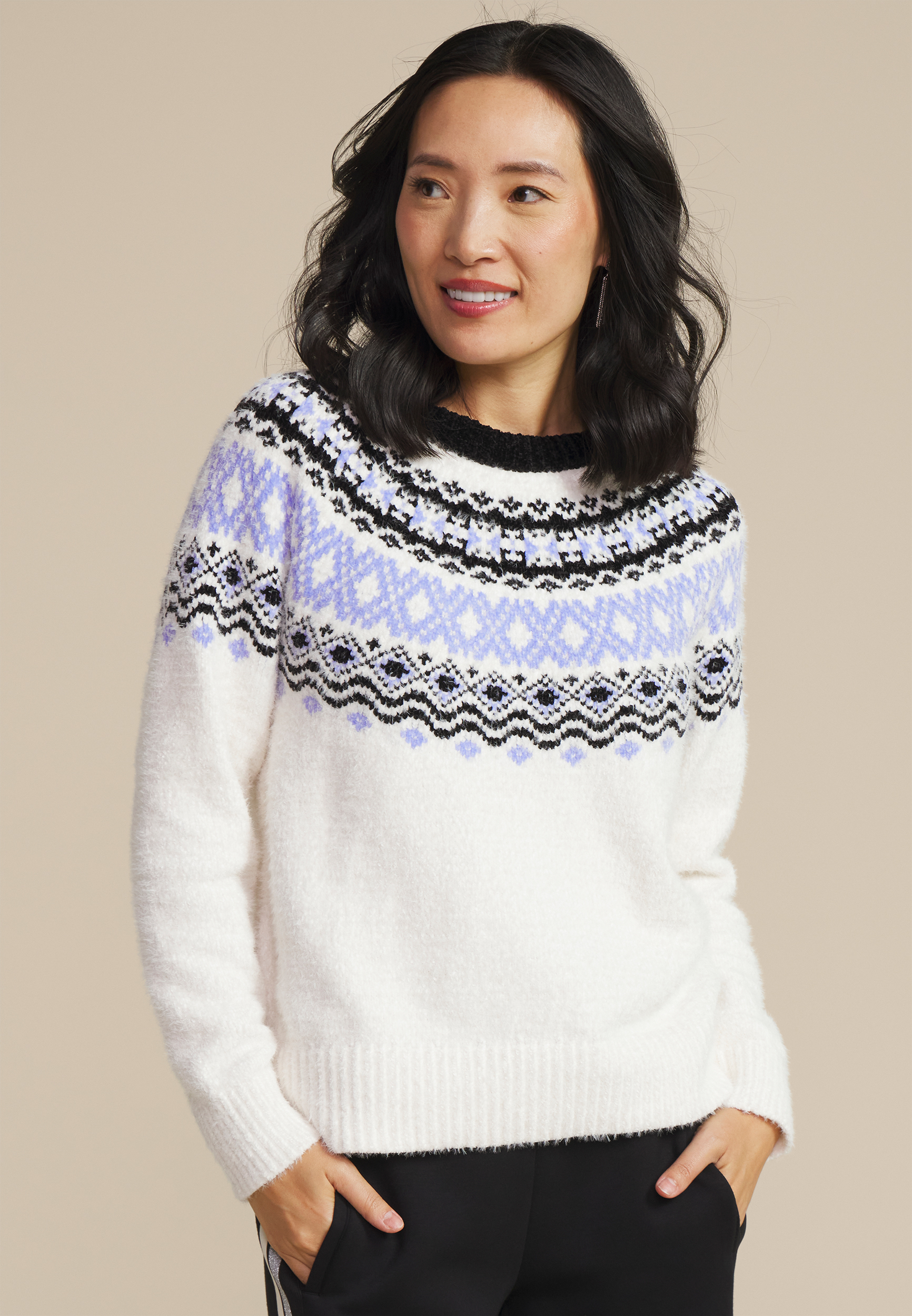 Lilac Fair Isle Eyelash Crew Neck Sweater