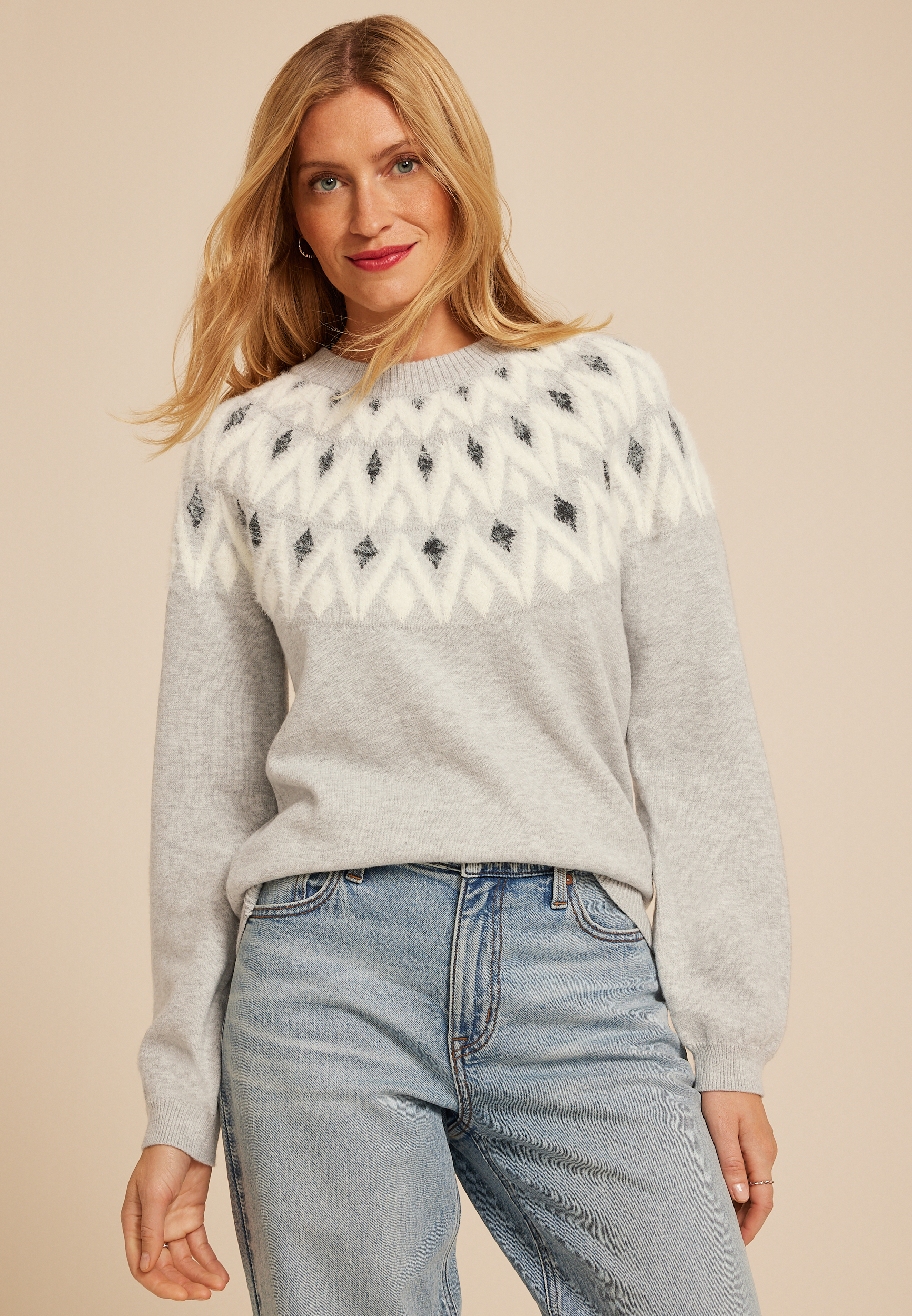 Geo Fair Isle Eyelash Crew Neck Sweater