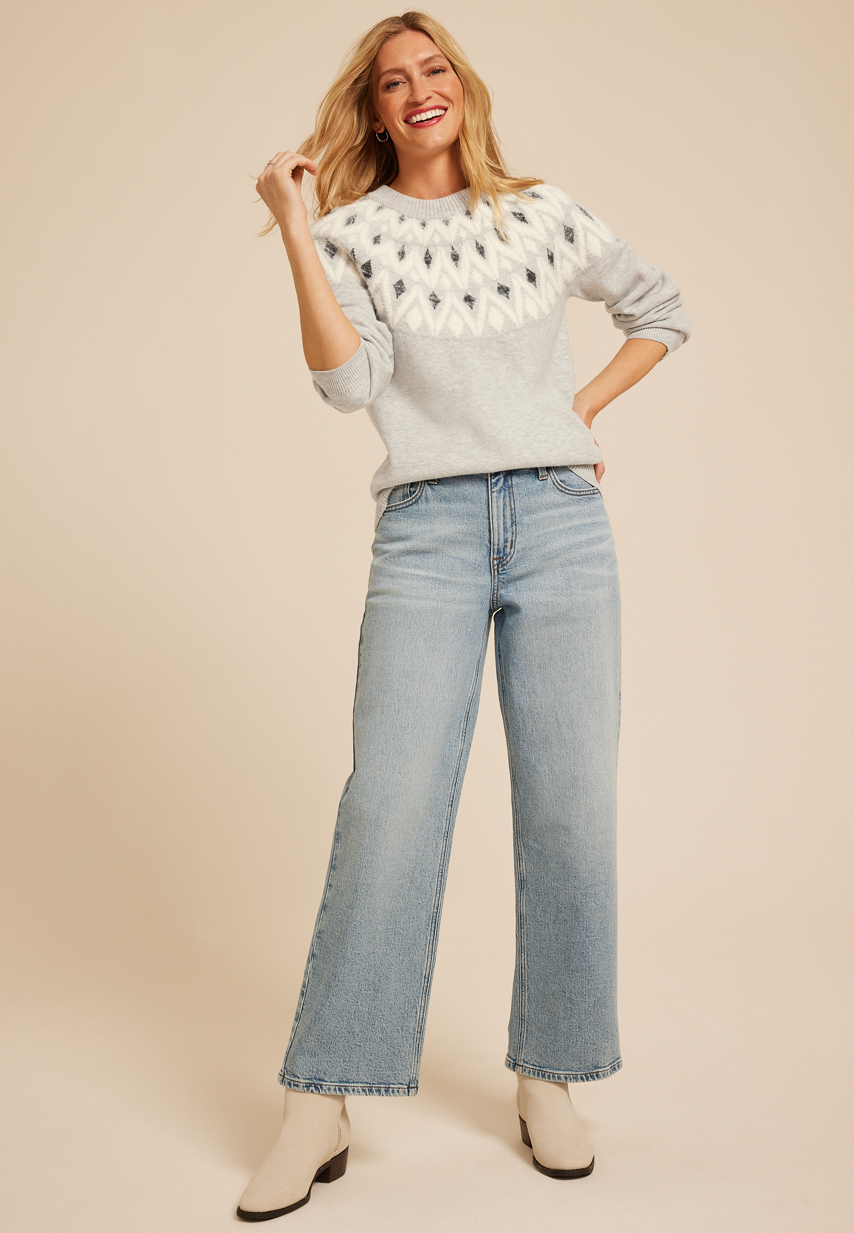 Geo Fair Isle Eyelash Crew Neck Sweater, C2823, large