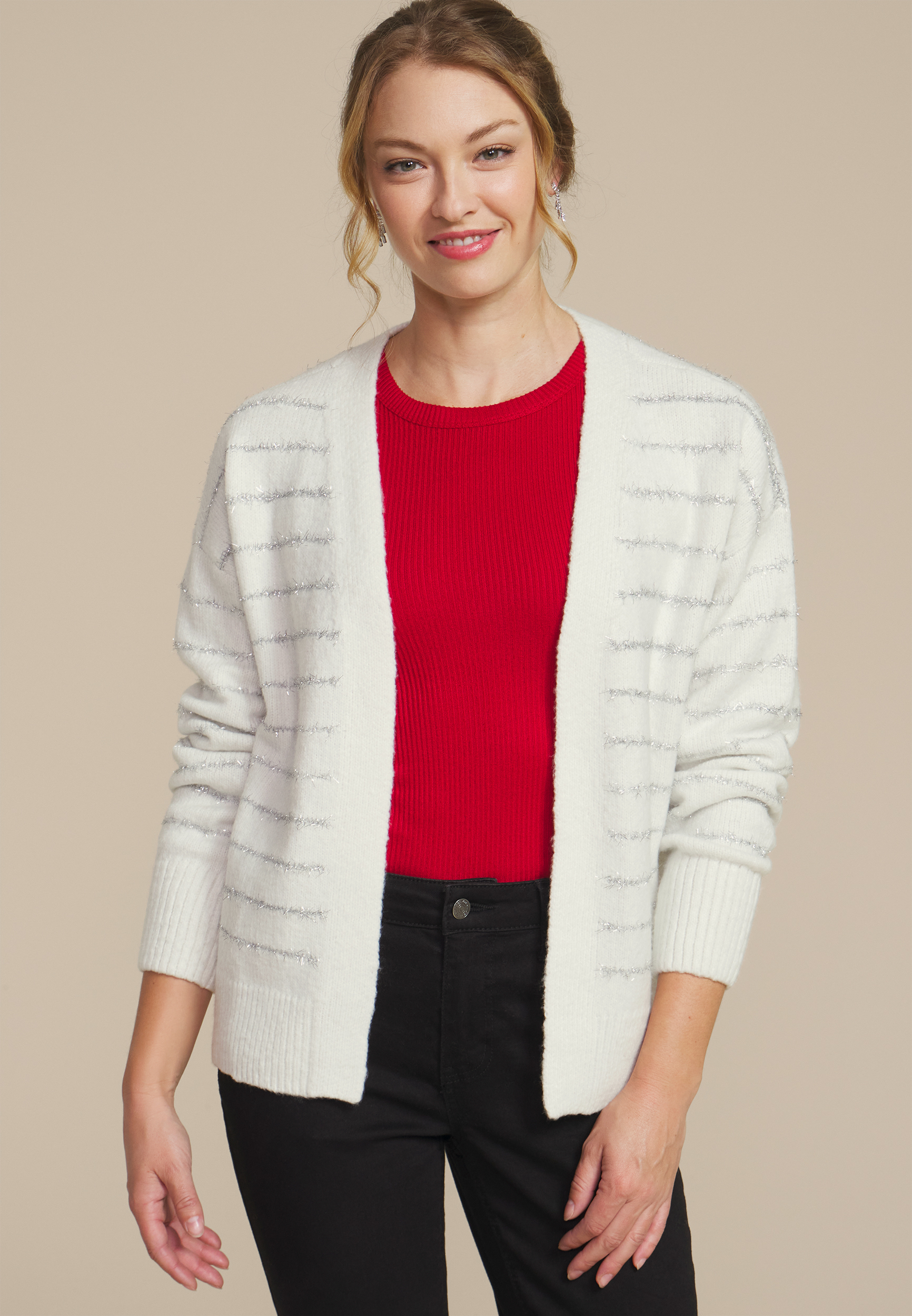 Tinsel Striped Eyelash Open Front Cardigan