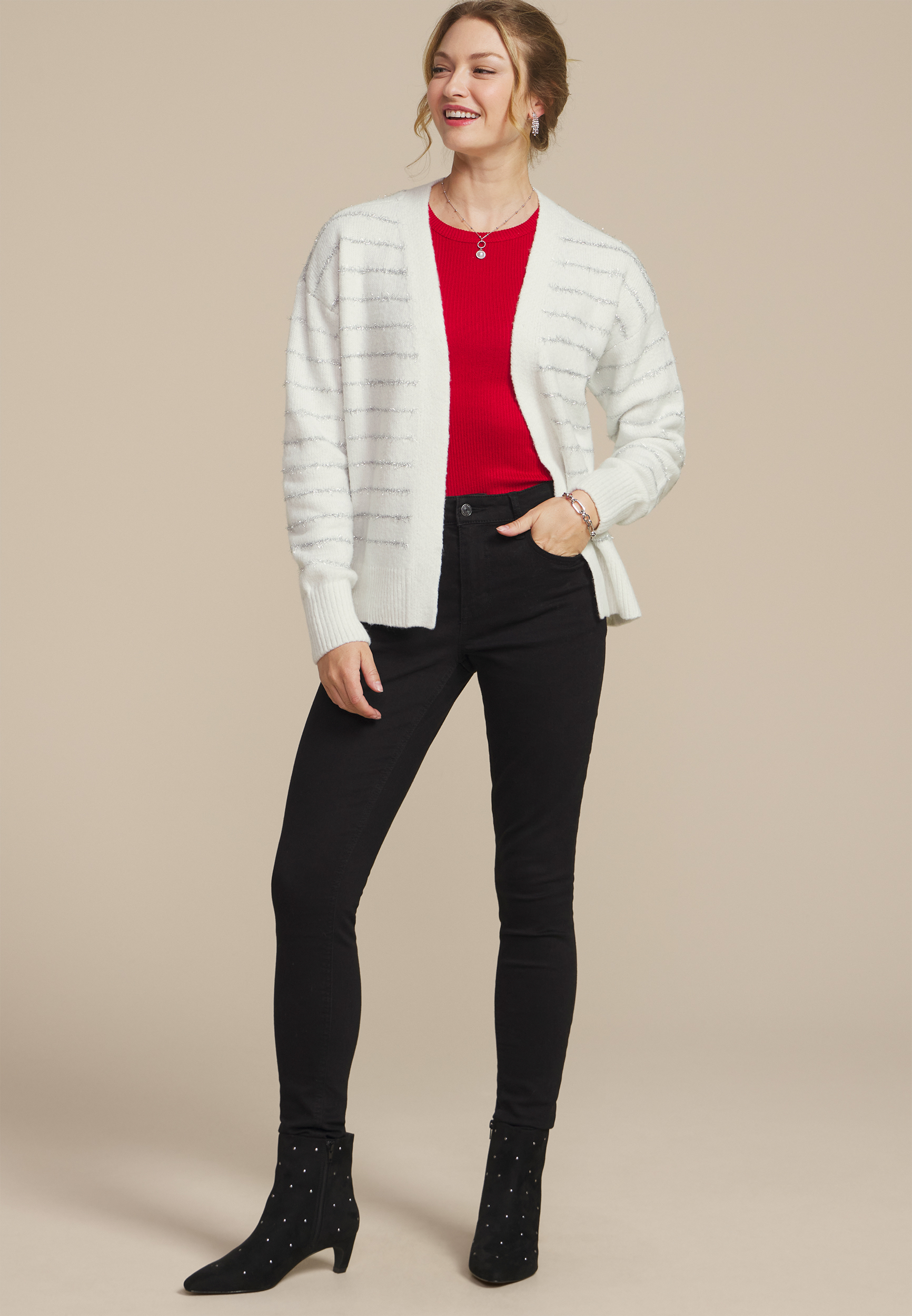 Tinsel Striped Eyelash Open Front Cardigan