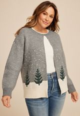 Plus Size Metallic Tree Clip Front Cardigan, , small