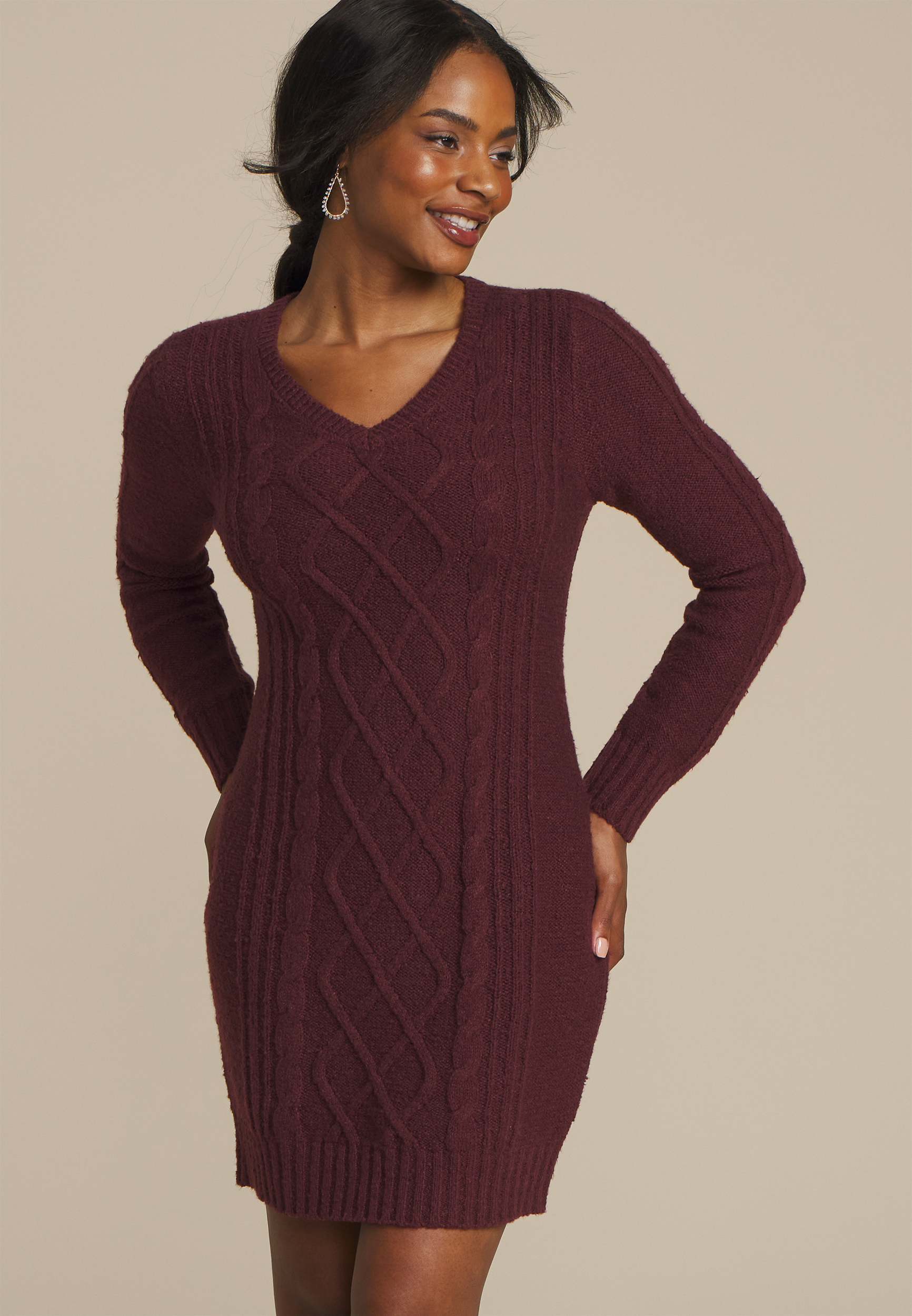 Cable Knit V Neck Sweater Dress