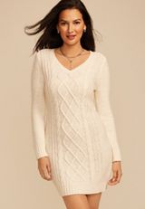 Cable Knit V Neck Sweater Dress, GARDENIA, small