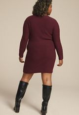 Plus Size Cable Knit V Neck Sweater Dress, TAWNY PORT, small