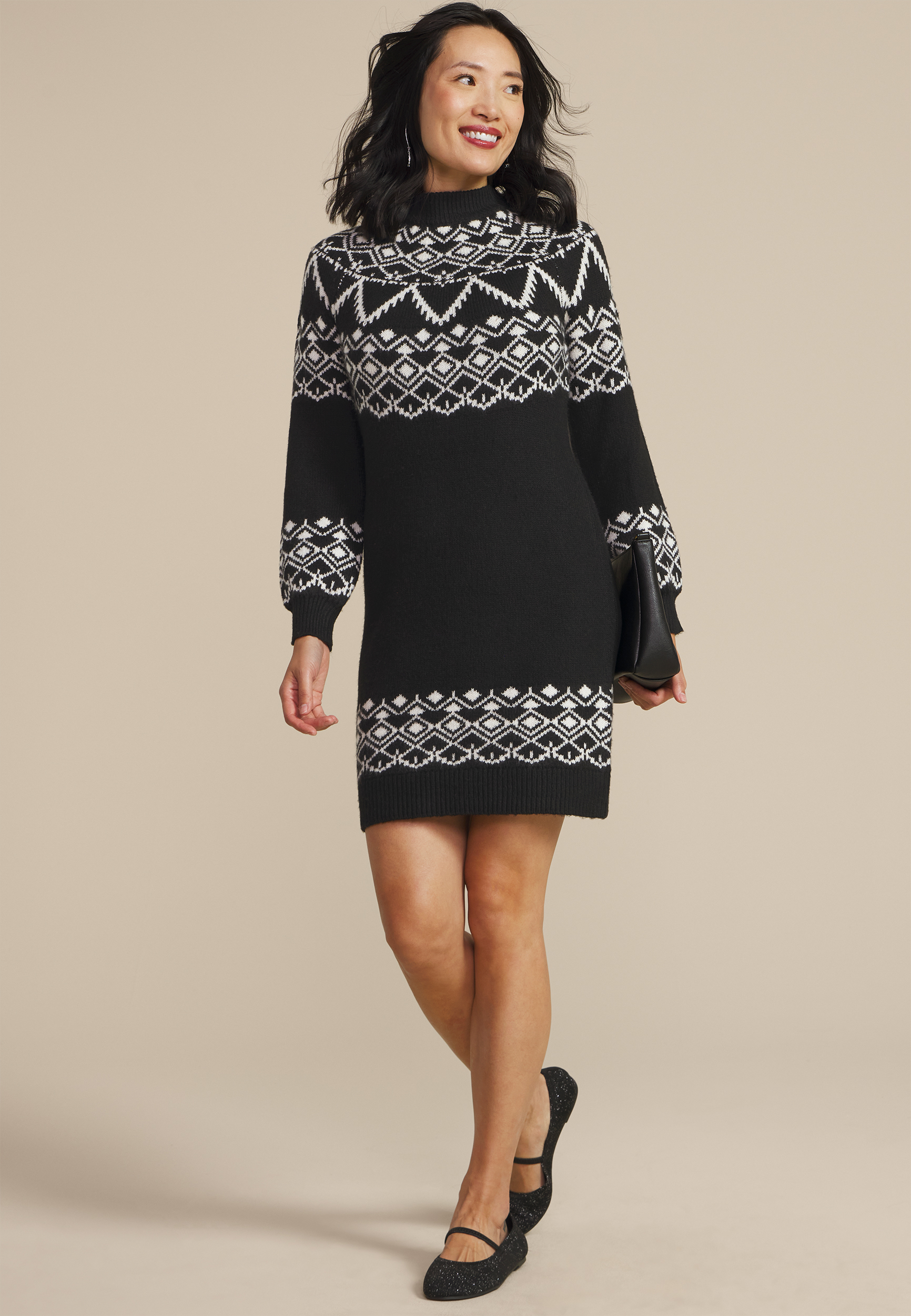 Fair Isle Mock Neck Mini Sweater Dress