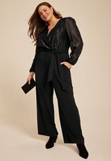 Plus Size Black Chevron Metallic Wrap Jumpsuit, C106, small