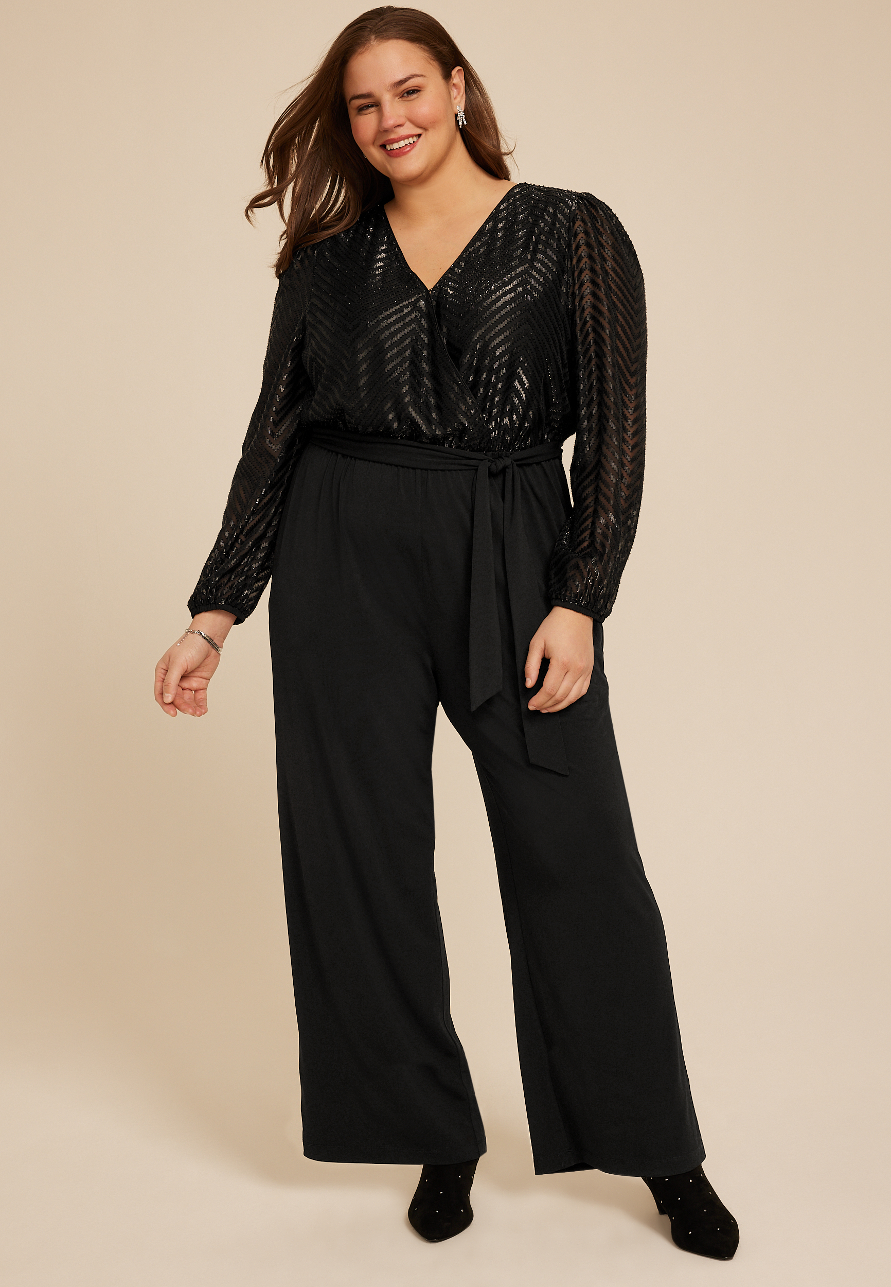 Plus Size Black Chevron Metallic Wrap Jumpsuit, C106, large